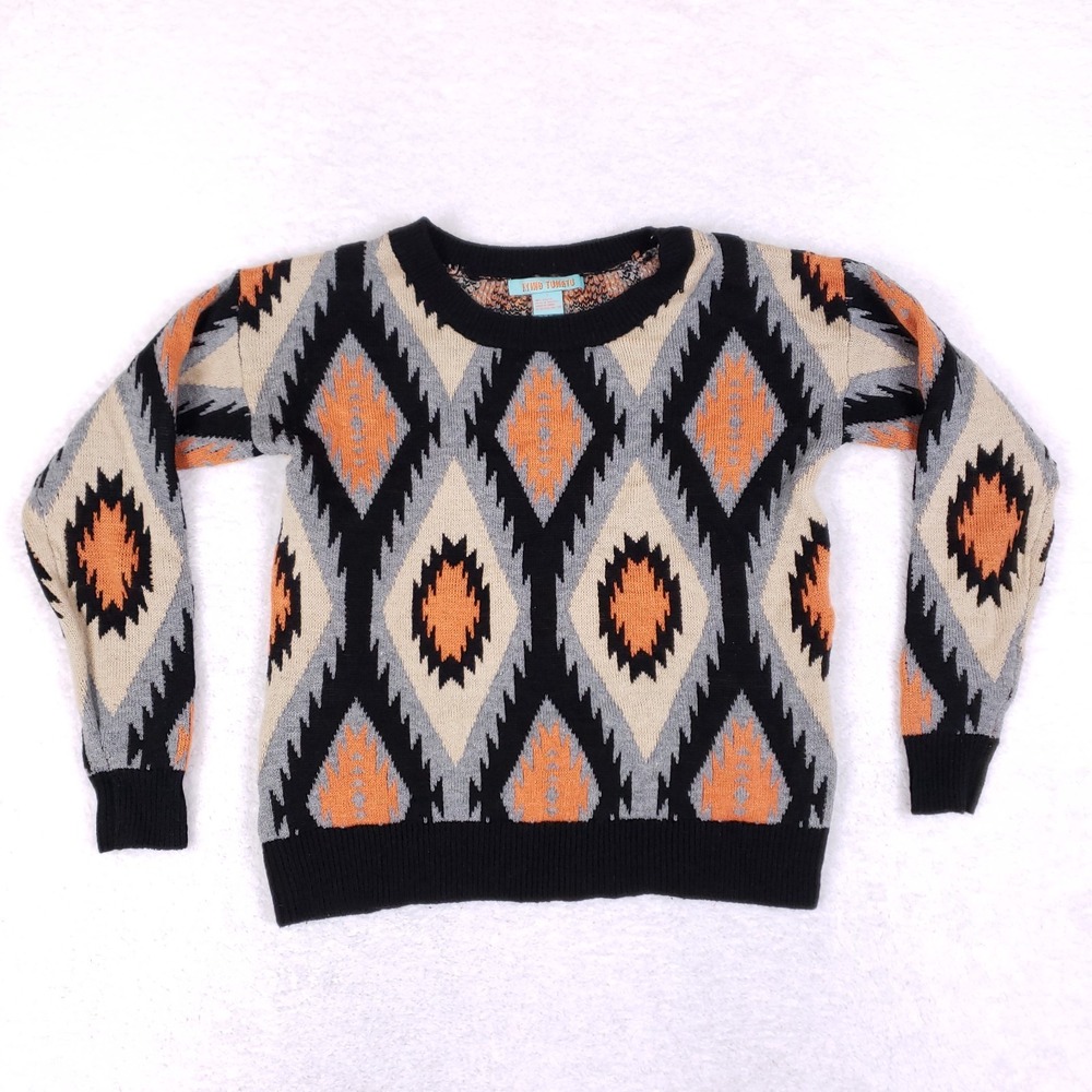 Flying Tomato Aztec Sweater S Black Beige Orange Knit Pullover Boho Western